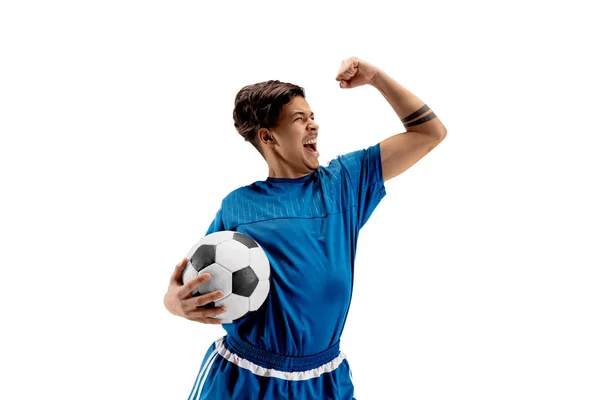 Young fit boy with soccer ball standing isolated on white — Stock Photo, Image