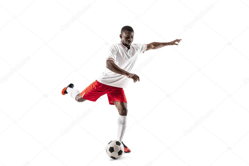 Professional african football soccer player isolated on white background