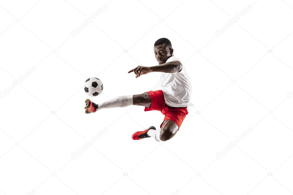 Professional african football soccer player isolated on white background