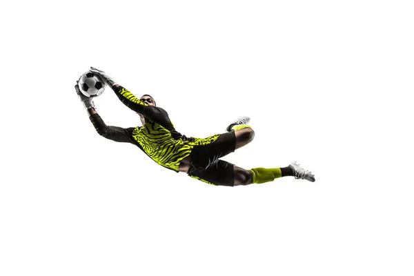 Egy futball játékos kapus ember labda fogása — Stock Fotó