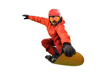 Beyaz bir arka plan üzerinde izole snowboard ile spor genç adam portresi.