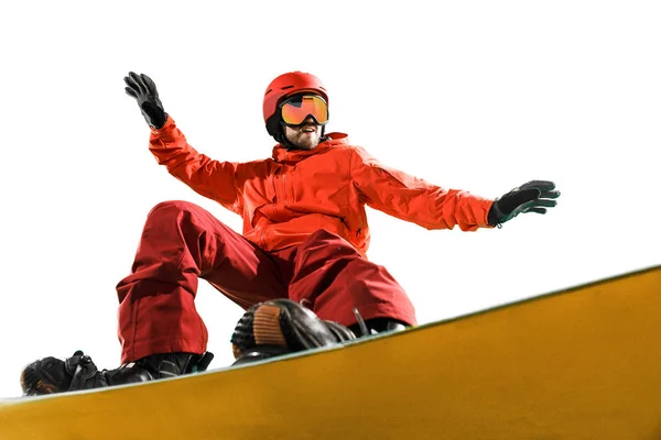 Portré, fiatal férfi sportruházat, snowboard elszigetelt fehér background. — Stock Fotó