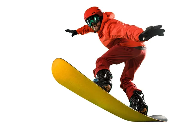 Retrato de un joven en ropa deportiva con snowboard aislado sobre un fondo blanco . — Foto de Stock