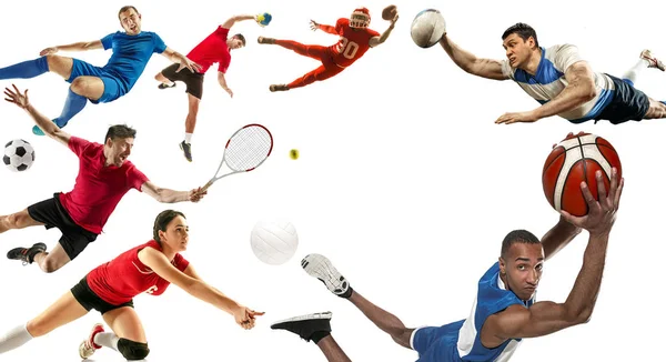 Collage deportivo sobre fútbol, fútbol americano, baloncesto, voleibol, tenis, rugby, balonmano — Foto de Stock