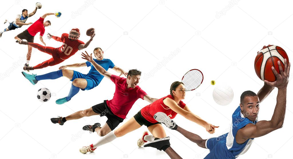 Sport collage about soccer, american football, basketball, volleyball, tennis, rugby, handball