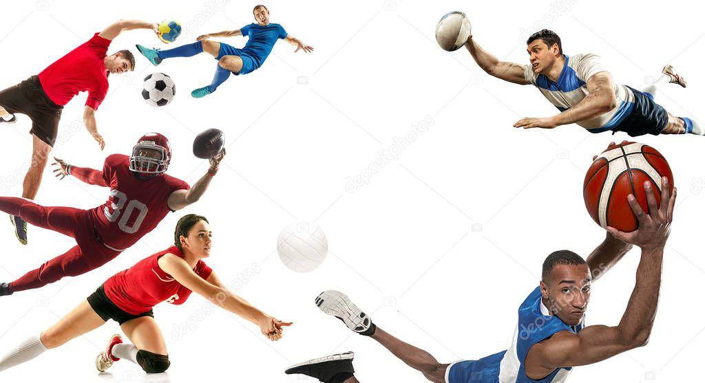 Sport collage about soccer, american football, basketball, volleyball, rugby, handball