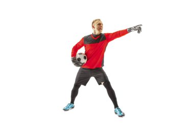 Beyaz arka plan üzerinde izole bir futbol oyuncu kaleci