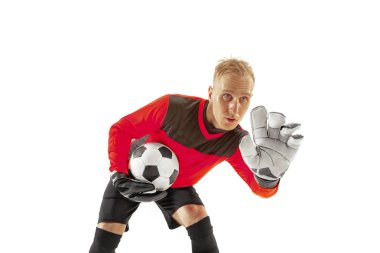 Beyaz arka plan üzerinde izole bir futbol oyuncu kaleci