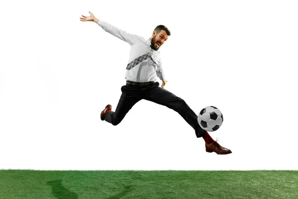 白い背景に分離されたサッカー青年実業家の全身ショット — ストック写真