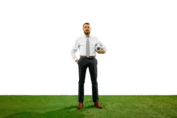 白い背景に分離されたサッカー青年実業家の全身ショット — ストック写真