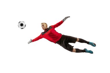 Bir futbol oyuncu kaleci adam topu yakalıyor