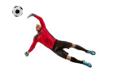 Bir futbol oyuncu kaleci adam topu yakalıyor