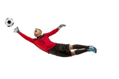 Bir futbol oyuncu kaleci adam topu yakalıyor