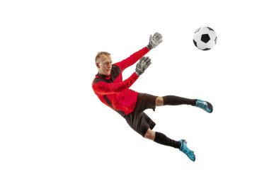 Bir futbol oyuncu kaleci adam topu yakalıyor