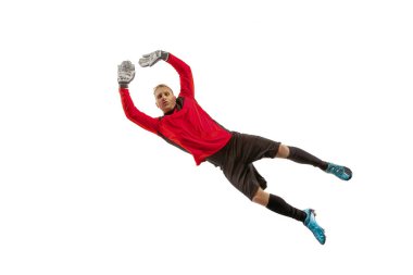 Bir futbol oyuncu kaleci adam topu yakalıyor