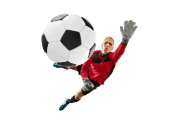 Bir futbol oyuncu kaleci adam topu yakalıyor