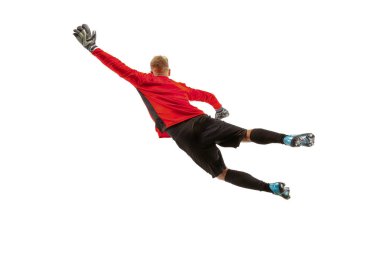 Bir futbol oyuncu kaleci adam topu yakalıyor