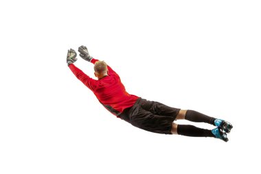 Bir futbol oyuncu kaleci adam topu yakalıyor