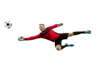 Bir futbol oyuncu kaleci adam topu yakalıyor