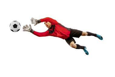 Bir futbol oyuncu kaleci adam topu yakalıyor