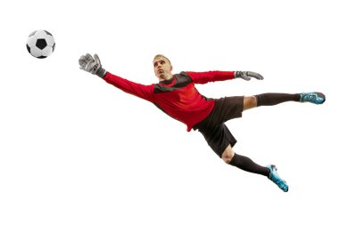 Bir futbol oyuncu kaleci adam topu yakalıyor