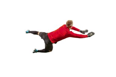 Bir futbol oyuncu kaleci adam topu yakalıyor