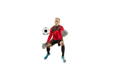 Bir futbol oyuncu kaleci adam topu yakalıyor