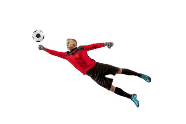 Bir futbol oyuncu kaleci adam topu yakalıyor