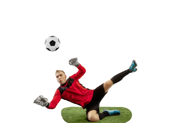 Jeden człowiek piłka nożna gracz grający na pozycji bramkarza, łapanie piłki — Zdjęcie stockowe