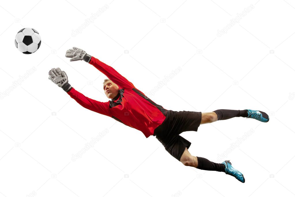 One soccer player goalkeeper man catching ball