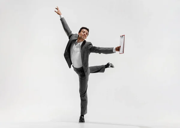 Happy Businessman Dancing Motion Isolated White Studio Background Flexibility Grace — Stock Photo, Image