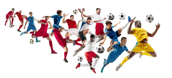 Professional men - football soccer players with ball isolated white studio background