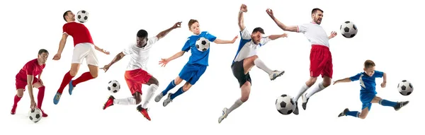 Professional men - football soccer players with ball isolated white studio background — Stock Photo, Image