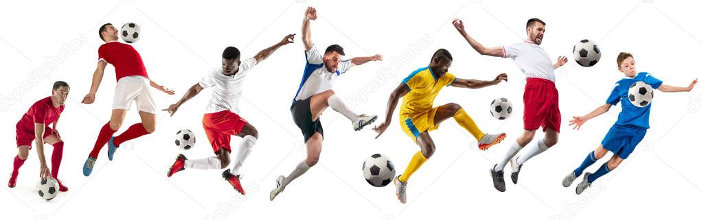 Professional men - football soccer players with ball isolated white studio background