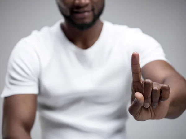 Businessman hand touching empty virtual screen — Stock Photo, Image