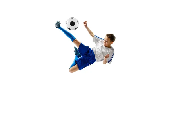 Young boy with soccer ball isolated on white. football player — Stock Photo, Image