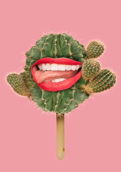 Moderní umění koláž. Dívka s hlavou, rty kaktus pozadí — Stock fotografie