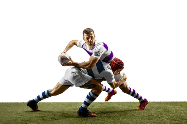La silhouette de deux joueurs masculins de rugby caucasiens isolés sur fond blanc — Photo