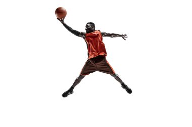 Bir basketbol oyuncusu topu ile tam uzunlukta portresi