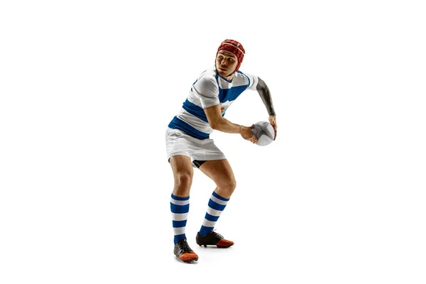 A silhueta de um jogador homem de rugby caucasiano isolado no fundo branco — Fotografia de Stock