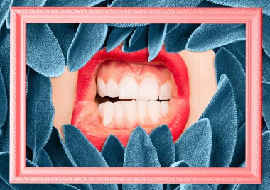 Öfkeli duygular ve kafa yerine kadın dudakları ile dergi tarzı kolaj.