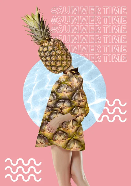 Modern Art Collage. Girl with pineapple head — Stock Photo, Image