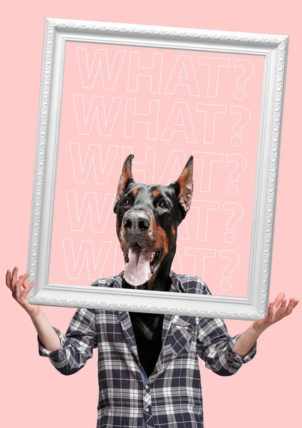 Collage współczesnej sztuki lub portret psa zaskoczony na czele człowieka. Nowoczesnym stylu pop-art zine kultury koncepcja. — Zdjęcie stockowe