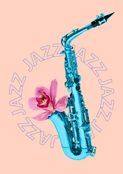 Blue saxophone on pink background — Stock Photo, Image