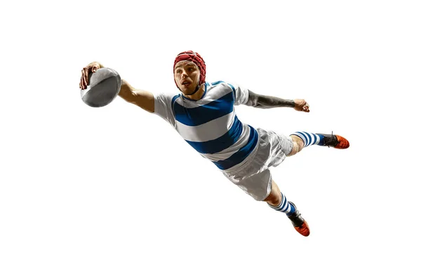 La silueta de un jugador de rugby caucásico aislado sobre fondo blanco — Foto de Stock