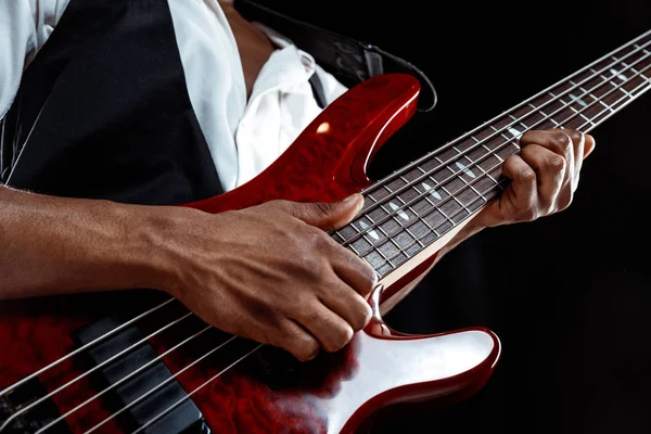 African American jazz musician playing bass guitar. — Stock Photo, Image