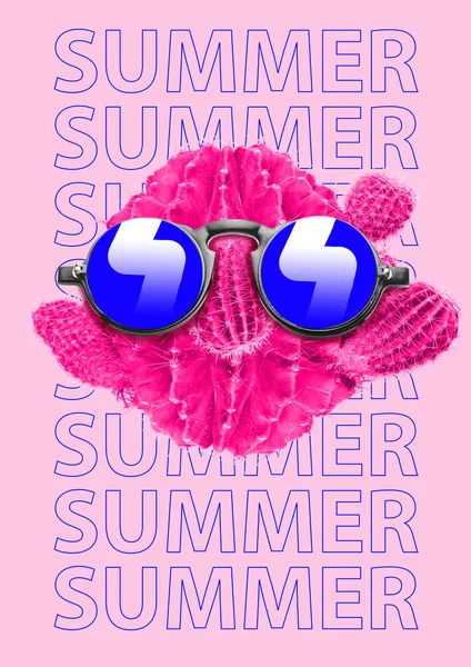 Andiamo alla festa in spiaggia. Occhiali da sole e un cactus sono impilati come un volto umano felice. Concetto di vacanza estiva. Design moderno. Collage d'arte contemporanea . — Foto Stock