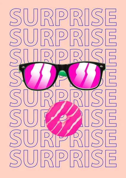 Wow. Sunglasses and a donut are stacked as a surprised human face. Facial emotions concept. Modern design. Contemporary art collage. — Stock Photo, Image
