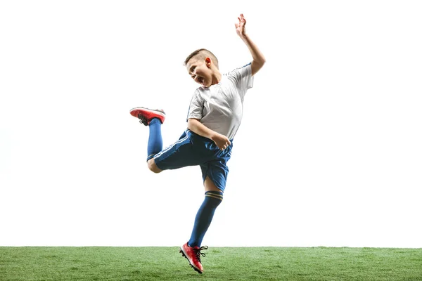 Επαγγελματικό ποδόσφαιρο ποδόσφαιρο παίκτης με μπάλα που απομονώνονται σε λευκό φόντο — Φωτογραφία Αρχείου