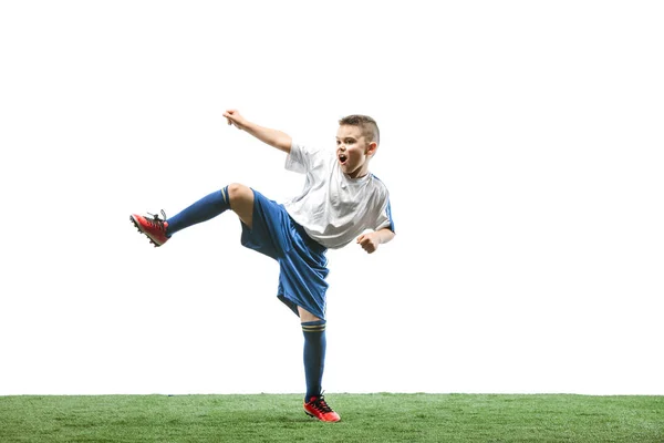 Niño aislado en blanco. jugador de fútbol — Foto de Stock